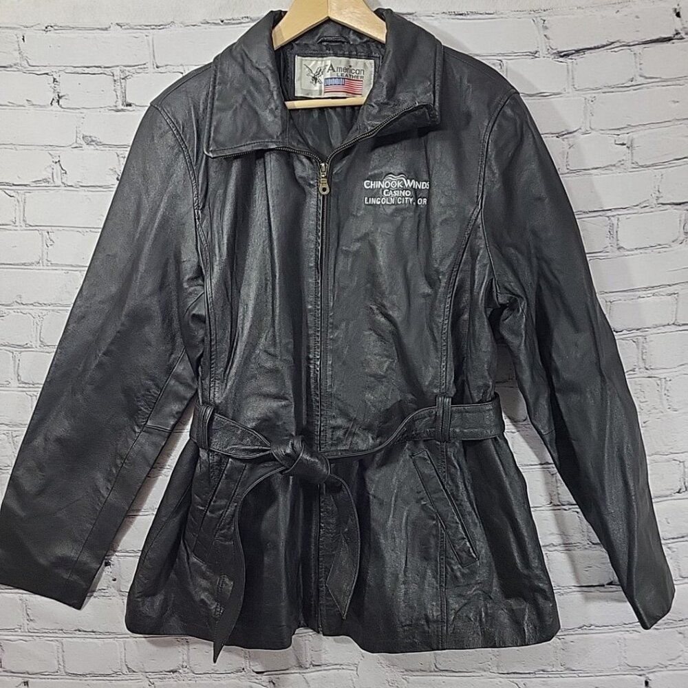 Vintage American Leather Jacket Black Belted Womens Sz XXL Chinook Winds